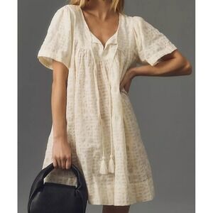 Anthropologie Porridge Mini Dress Size L Short-Sleeve Textured Bubble Ivory